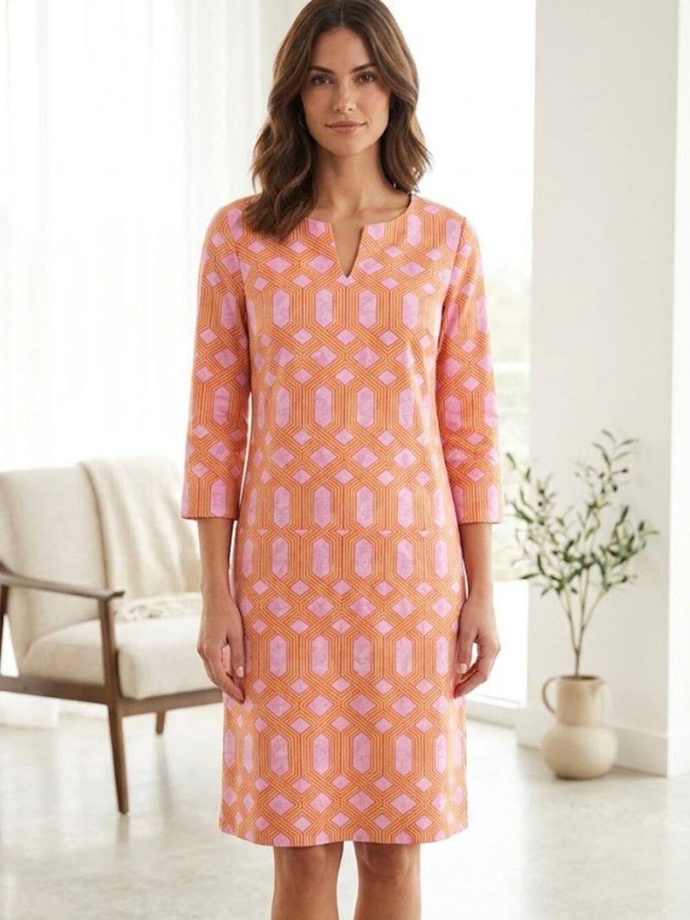 J. McLaughlin | Carly Shift Dress 3/4 Sleeve Stretch | Pink-Orange | XL | NWOT